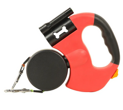 Red and black retractable dog leash with bone-shaped light, ideal for pet walking gifts