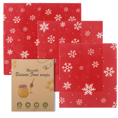 Red snowflake beeswax food wraps, reusable eco-friendly kitchen wrap set with holiday design