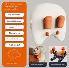 White R19 massaging pillow with orange nodes, offers neck support, heat, and 3 modes for deltoid muscle massage