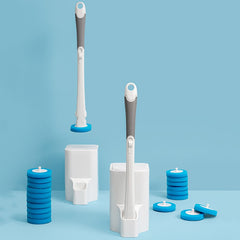 Modern toilet brush set with blue refill pads and white holder, ideal family bathroom gift