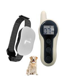 Dog training collar with remote control and happy golden retriever, ideal pet gift for obedience training