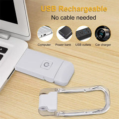 USB rechargeable carabiner flashlight, charges via computer, power bank, USB outlet, or car charger