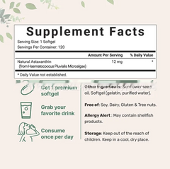 Supplement Facts label for natural astaxanthin softgels, soy-free, gluten-free, daily wellness support