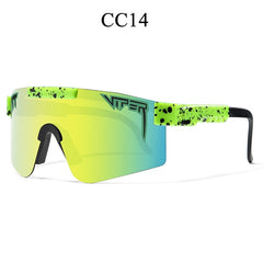 Neon green splatter wraparound sunglasses with gradient lens, stylish unisex sun protection
