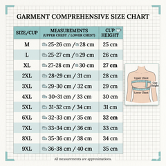 Comprehensive garment size chart with measurements for upper/lower chest and cup height, from M to 9XL