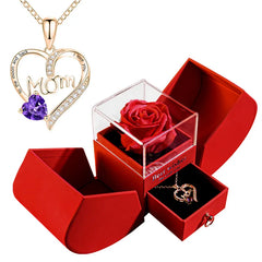 Heart-shaped 'Mom' necklace with purple gem, red rose in gift box, perfect for Mother's Day gifts