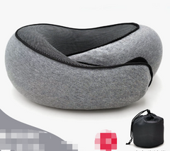 Gray memory foam travel neck pillow with black mesh, portable carry bag included