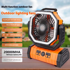 Portable outdoor fan with LED lights, 20000mAh battery, remote control, and adjustable angles for camping or backyard use