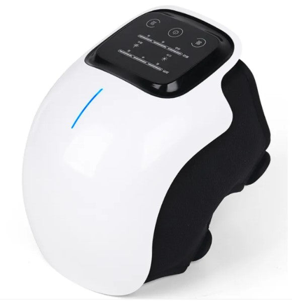 White and black wrist massager with touch controls and blue accent line