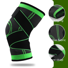 Black and neon green knee brace with adjustable straps, breathable fabric, and reinforced edging for support