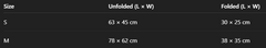 Size chart for folded and unfolded dimensions in cm for gift items