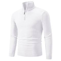 White men's quarter-zip sweater with ribbed collar and cuffs, cozy knit pullover for casual wear