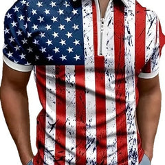 Men's patriotic American flag polo shirt with distressed stars and stripes design