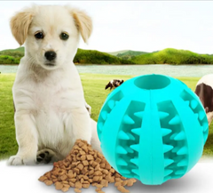 Adorable puppy with turquoise chew toy and dog food on grass, perfect pet gift