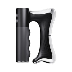 Black and silver handheld massager with ergonomic grip and control buttons