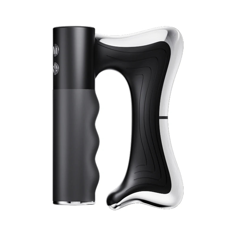 Black and silver handheld massager with ergonomic grip and control buttons