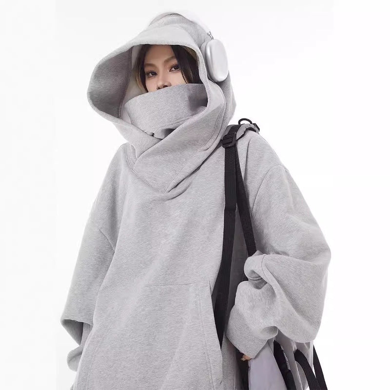 Oversized gray hoodie with high neck and hood, perfect for cozy casual wear or as a unique gift