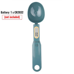 Digital kitchen spoon scale with LCD display, teal color, battery not included