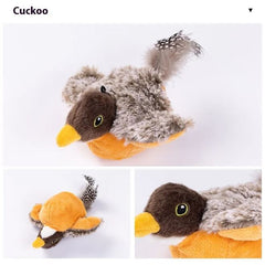 Cuckoo plush bird toy with brown head, yellow beak, and feathered tail for pets