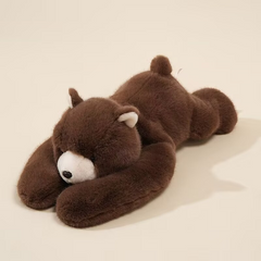 Brown plush teddy bear lying down, soft cuddly toy for kids and family gifts