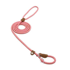 Pink braided dog leash with brown leather accents and metal clasp, coiled neatly for pet walking