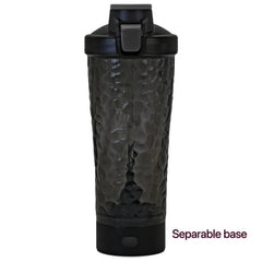 Black textured shaker bottle with separable base, ideal for protein shakes and fitness drinks