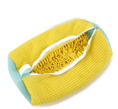 Yellow chenille cleaning mitt with blue mesh sides and zipper opening for household cleaning tasks