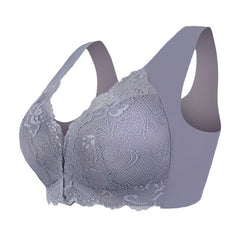 Lace front closure bra with wide straps, soft gray lingerie for comfortable everyday wear