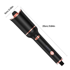 Black and rose gold automatic hair curler with temperature settings and 25cm length