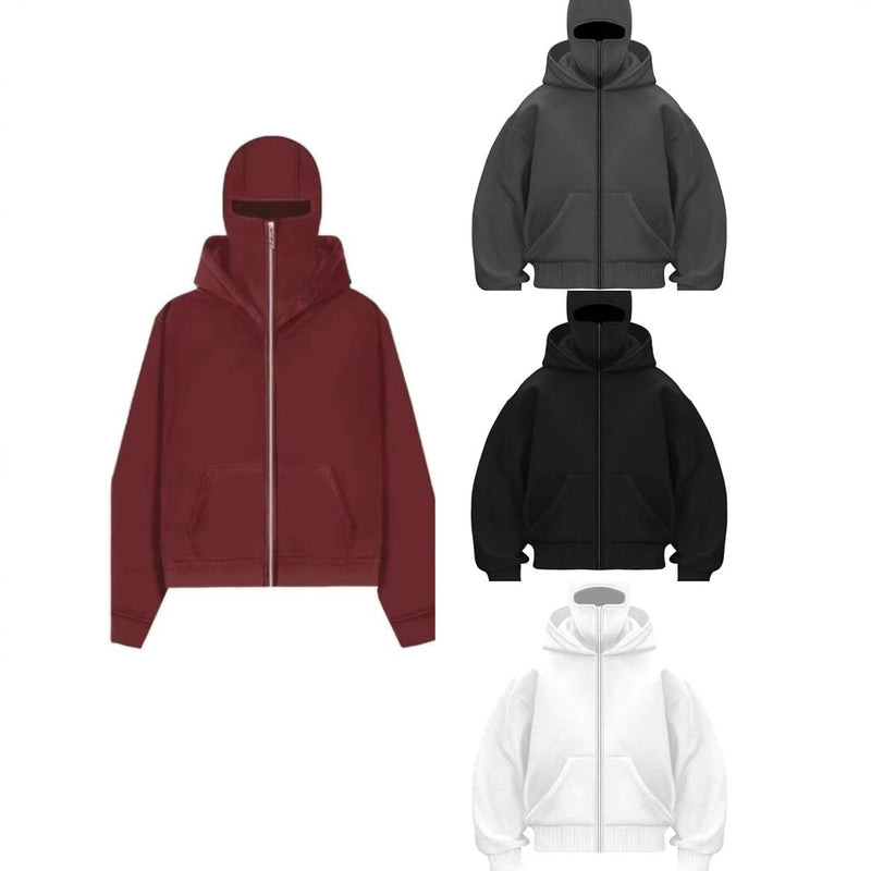 Cozy zip-up hoodies in burgundy, gray, black, and white — perfect family gifts