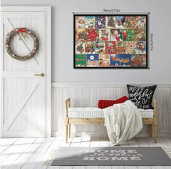 Framed vintage Christmas card collage wall art, 70x50cm, festive holiday decor for living room or entryway