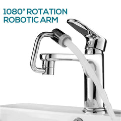 Chrome kitchen faucet with 1080° rotation robotic arm pouring water into sink