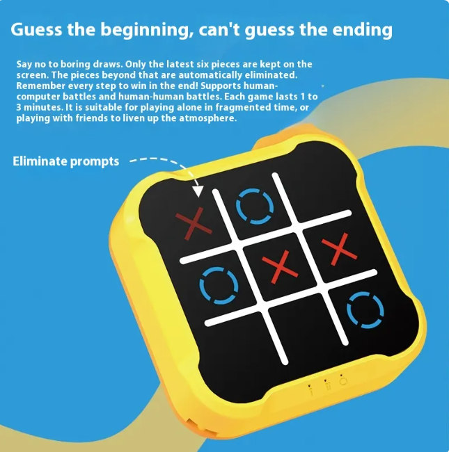 Yellow handheld tic-tac-toe game with red Xs and blue Os for fun family play