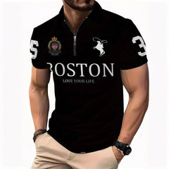Black Boston polo shirt with 'Love Your Life' slogan, horse logo, and sleeve numbers for men's casual wear