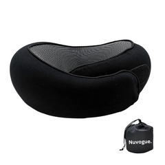 Black travel neck pillow with mesh panel and Nuvogue carry bag for comfortable support