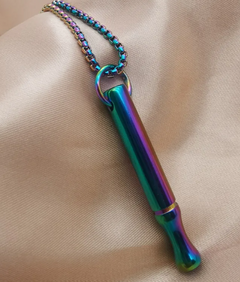 Iridescent rainbow whistle pendant on chain, stylish gift for family and friends