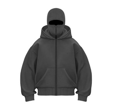 Black zip-up hoodie with hooded face mask, cozy winter streetwear for men and women
