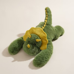 Green Triceratops plush toy with yellow frill, soft stuffed dinosaur for kids and family gifts