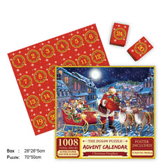 1008-piece Christmas advent calendar jigsaw puzzle with Santa, reindeer, and snowy village scene, poster included