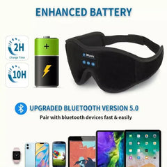 Black Bluetooth sleep mask with music controls, 10H battery, pairs with phones & tablets
