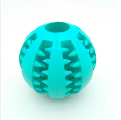 Teal rubber dog chew toy with textured spikes and hollow center for interactive play