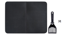 Black textured cat litter mat with matching scoop, ideal for pet owners seeking tidy home solutions
