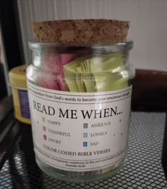 Color-coded Bible verse jar for emotional support, labeled 'Read Me When' with feelings like happy, sad, anxious