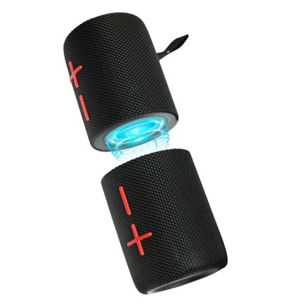 Black portable Bluetooth speaker with blue LED light and red plus-minus symbols