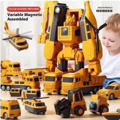 Kid playing with yellow magnetic construction toy set, transforms into 100 models including robots and vehicles