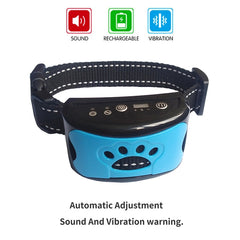 Blue dog training collar with sound, vibration, and rechargeable features for pet behavior control