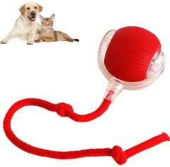 Red pet toy ball with rope for dogs and cats, interactive fetch and tug play