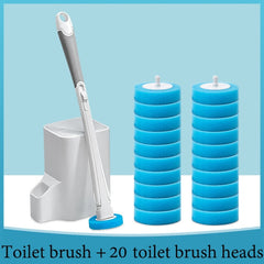 Toilet brush with holder and 20 replacement heads, blue sponge design for bathroom cleaning
