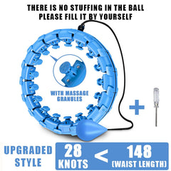 Blue massage waist exerciser with 28 knots, self-fill design, and included screwdriver for home fitness use