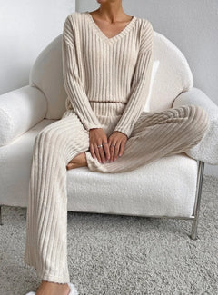 Cozy ribbed knit pajama set for women, soft lounge wear perfect for relaxing at home